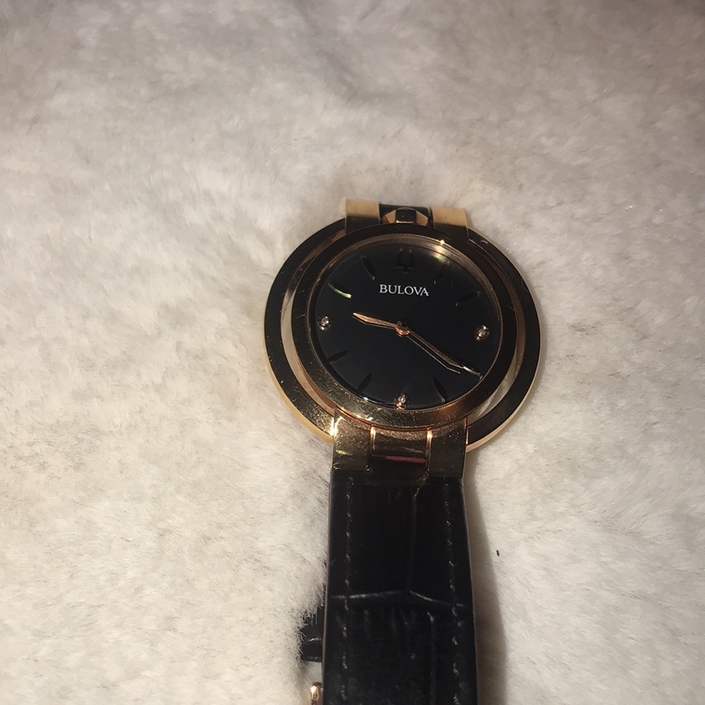 Leather Bulova Rubaiyat Ladies Diamond Rose Gold Tone Stainless Quartz Watch